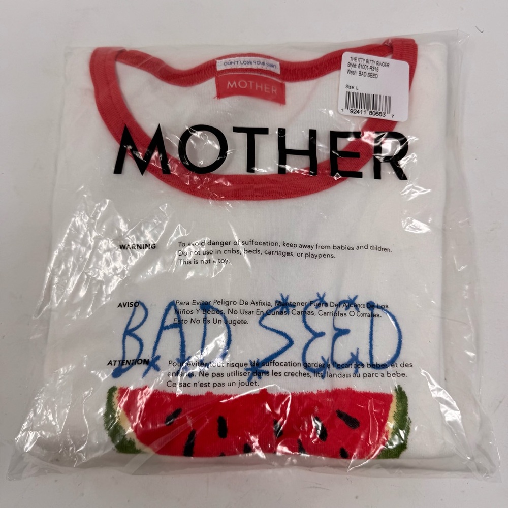 MOTHER Itty Bitty Cotton Bad Seed Baby Tee Size Large White Graphic NWT - Picture 2 of 5